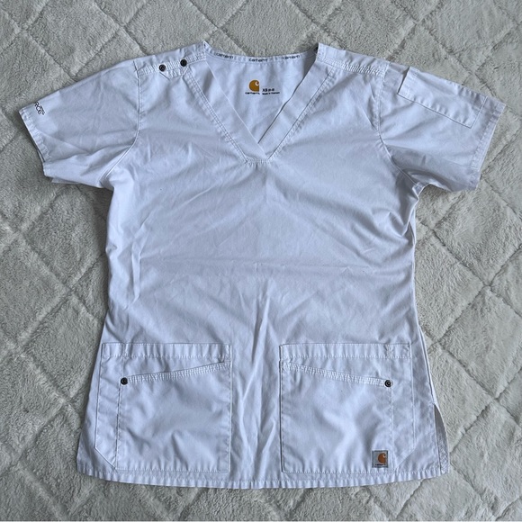 Carhartt | White Stretch Multi Pocket V-Neck Scrub Top | Size Extra Small - Picture 2 of 12